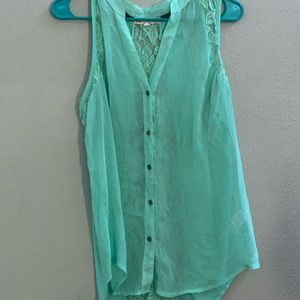 button up blue top lace detail